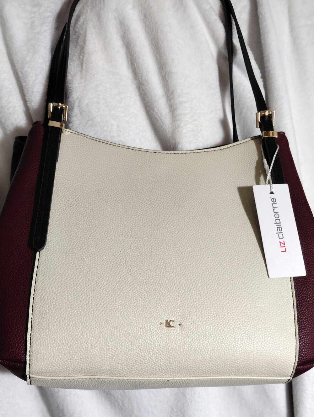 Liz Claiborne Handbag Cream & Burgandy Black Straps Color Block MSRP $80
